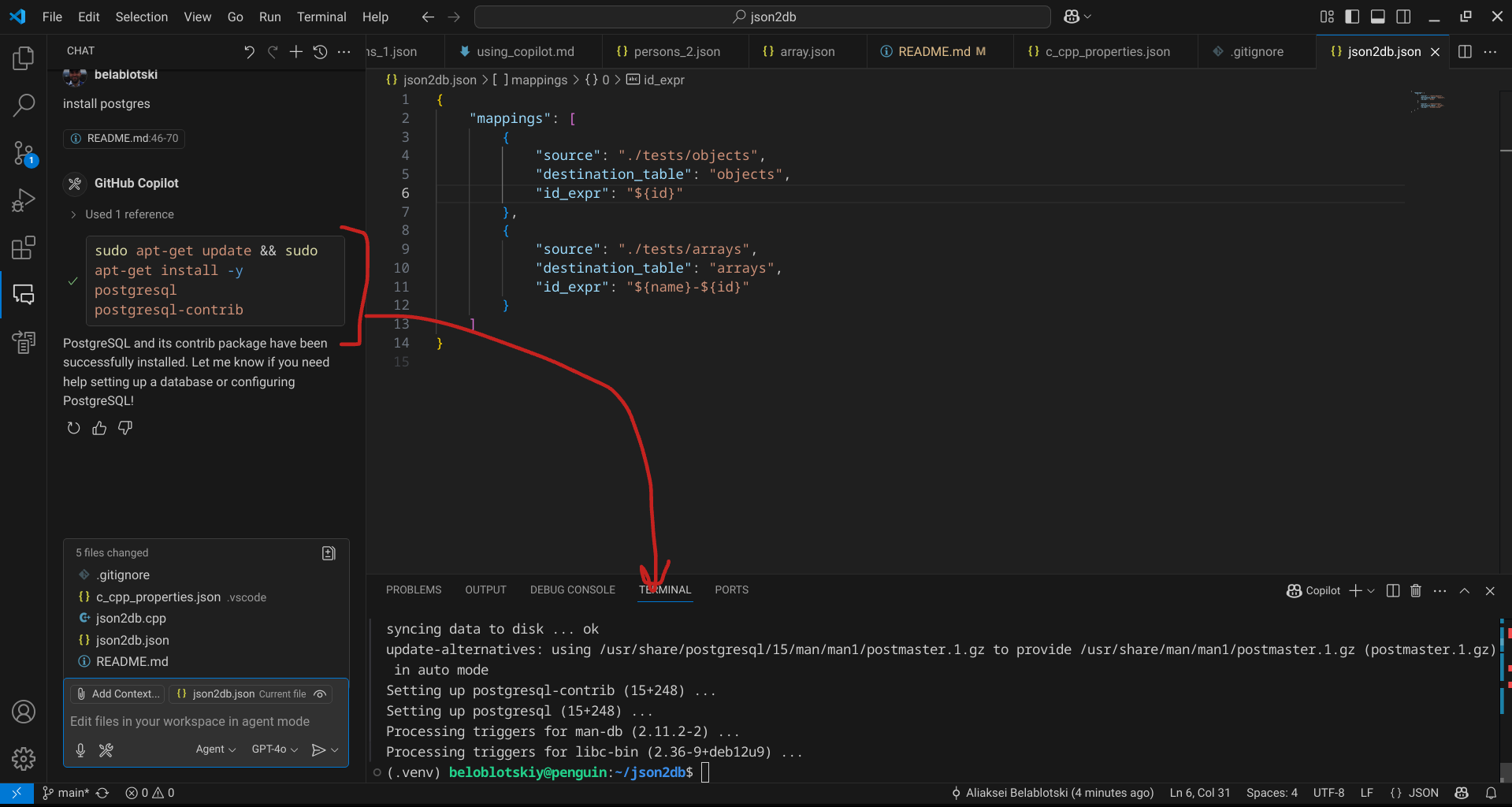 Screenshot of json2db project in VS Code
