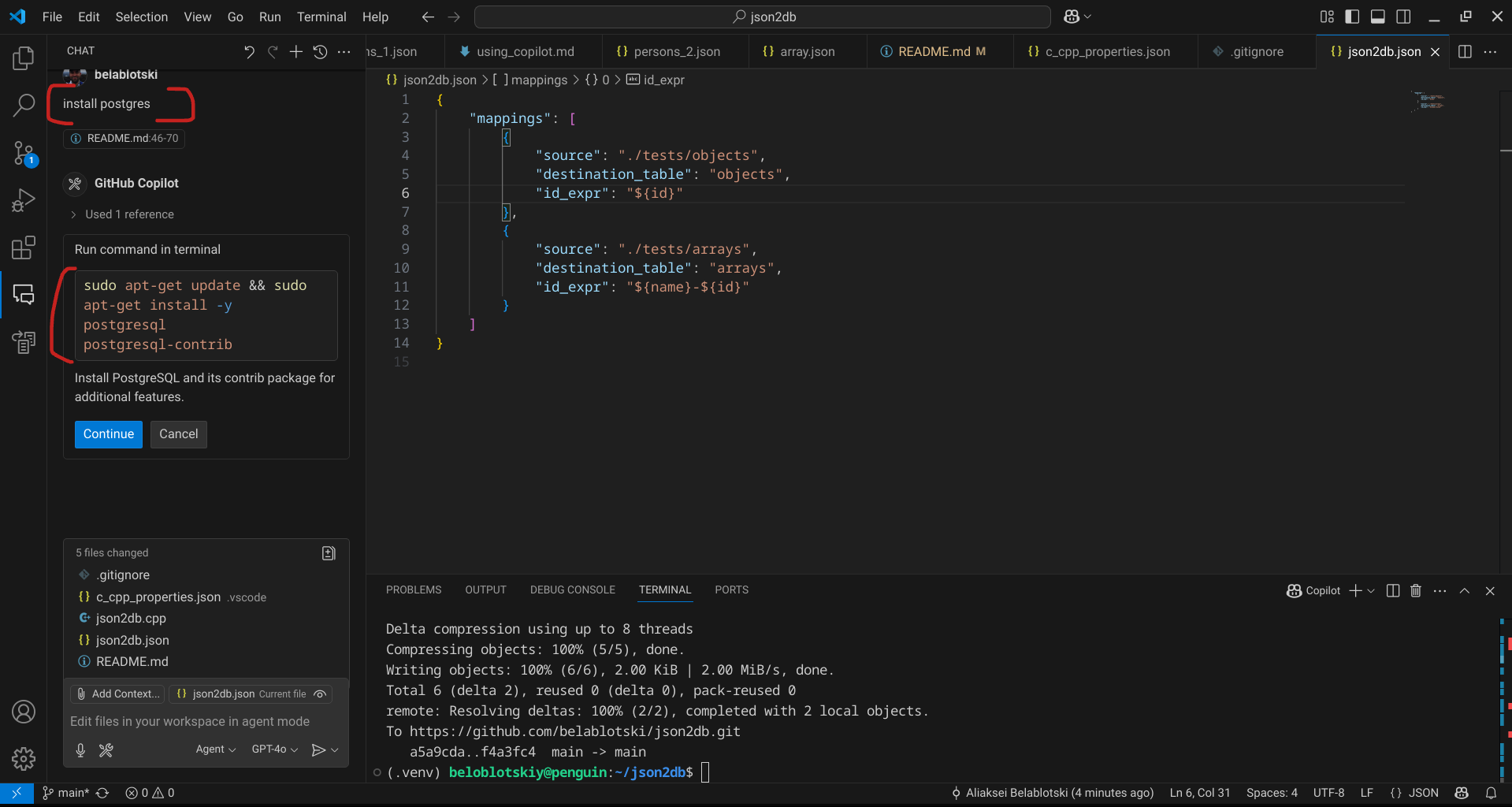 Screenshot of json2db project in VS Code