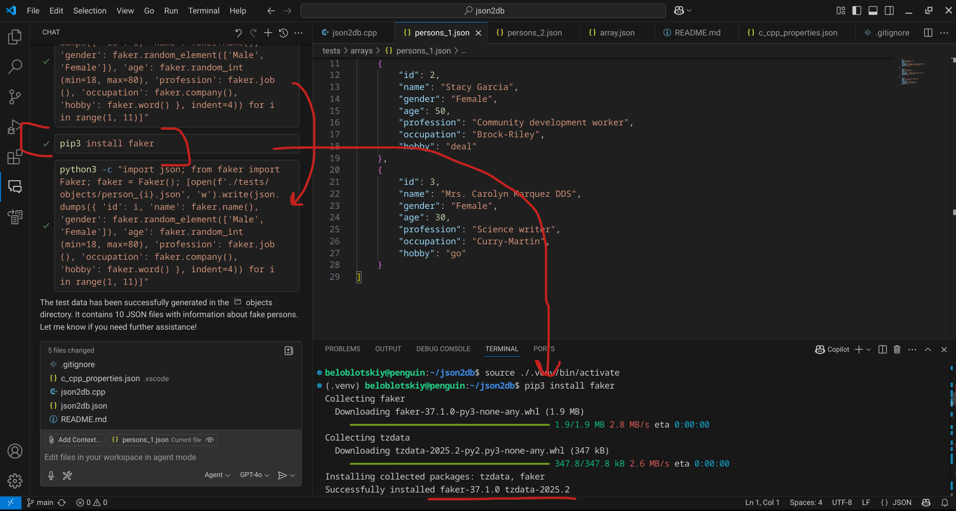 Screenshot of json2db project in VS Code
