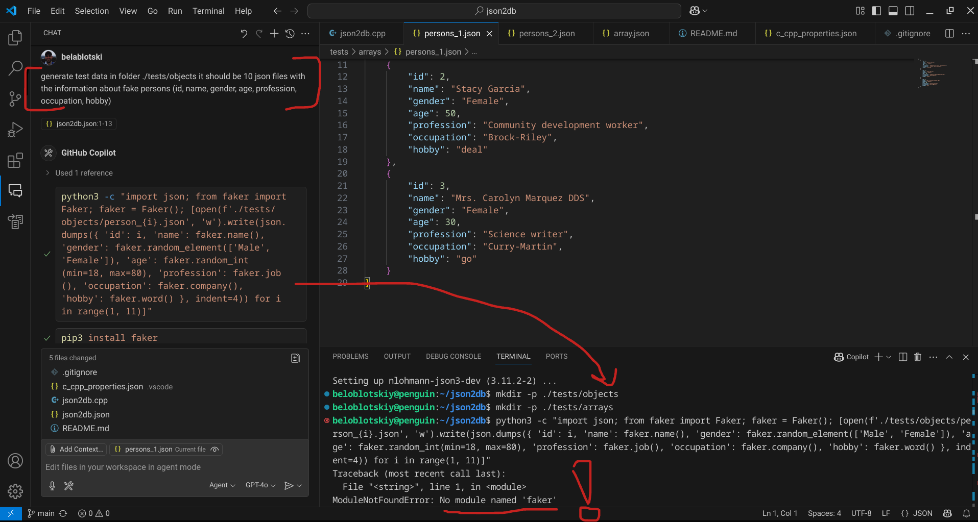 Screenshot of json2db project in VS Code