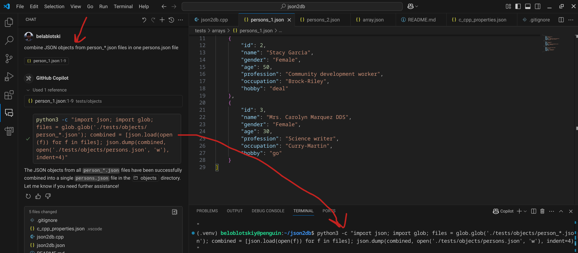 Screenshot of json2db project in VS Code