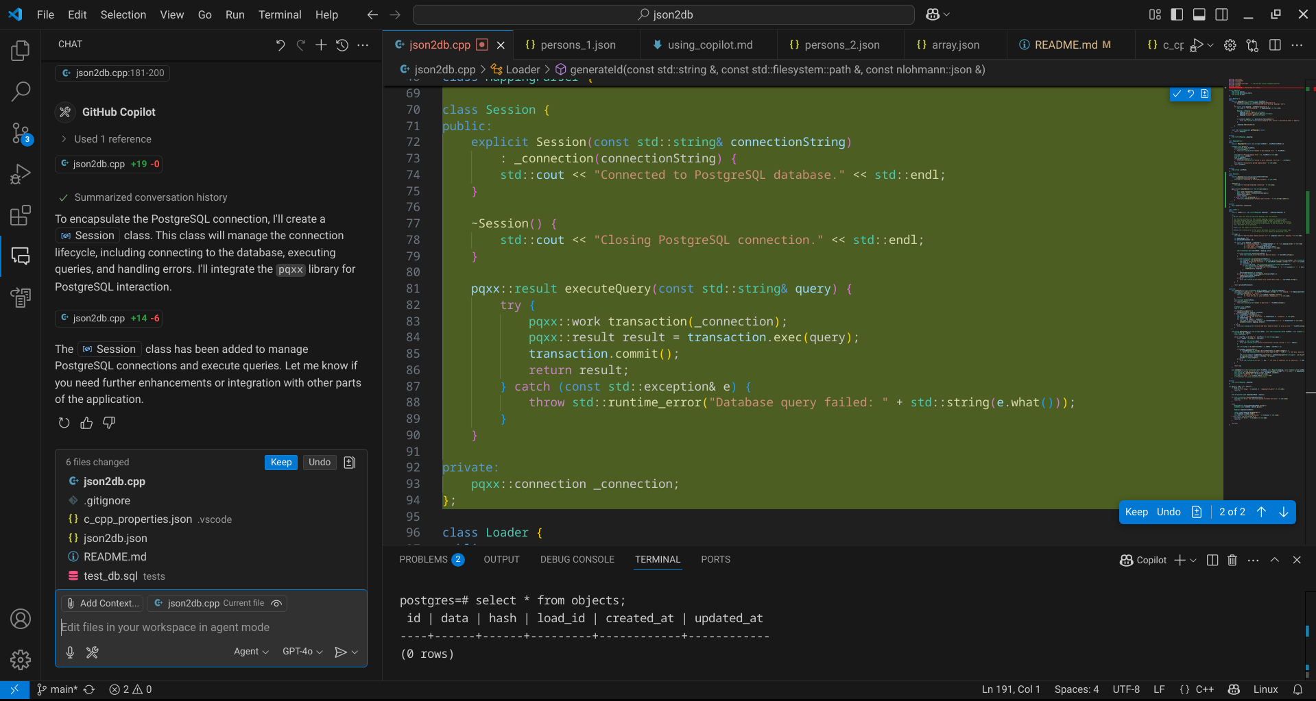 Screenshot of json2db project in VS Code
